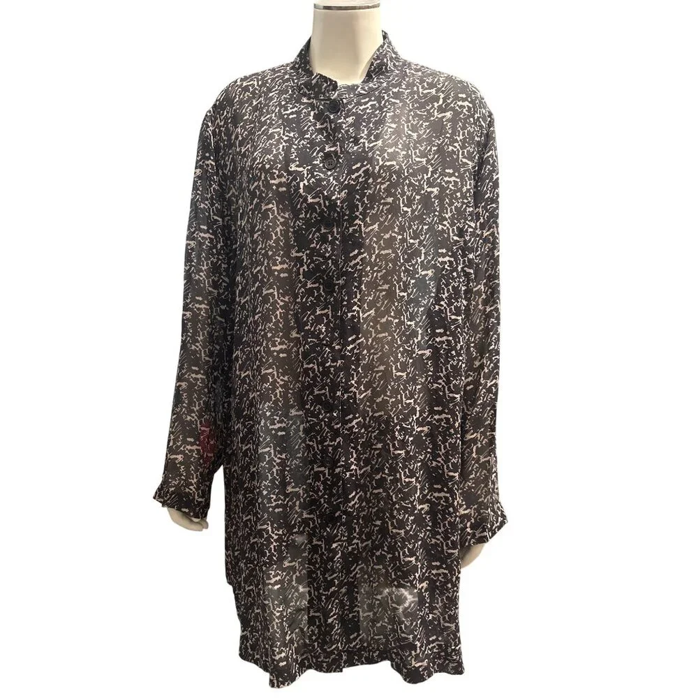 WinterSilks Size 2X Vintage Black Silk Top Sheer Abstract Print Euro Streetcore - Picture 2 of 9